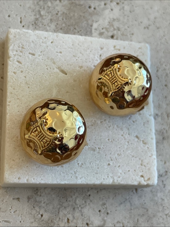 Celine Jewelry - Celine Hammered Dome Logo Gold Clip-On Earrings